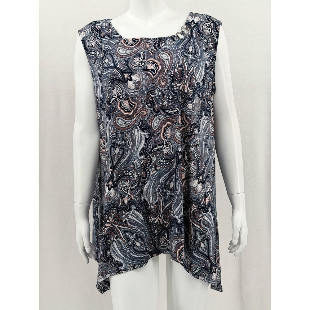 Cocomo Top Womens 2X Navy Paisley Sleeveless Asymmetrical Textured Boho Office